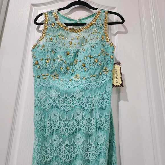 NWT Fanny fashion Sz XL Jade colour prom dress woth gold applique